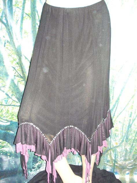 lovely black & purple hemmed skirt  the pic doesnt do it justice.  long heavy drooping,lace layerd hanky hem in purple lace.   38cm elastic waist  on the stretch= 63 cm +  $10.00 Hanky Hem, Gothic Clothes, Purple Lace, Hem Skirt, Used Clothing, Boho Shorts, Elastic Waist, Ballet Skirt, Womens Shorts