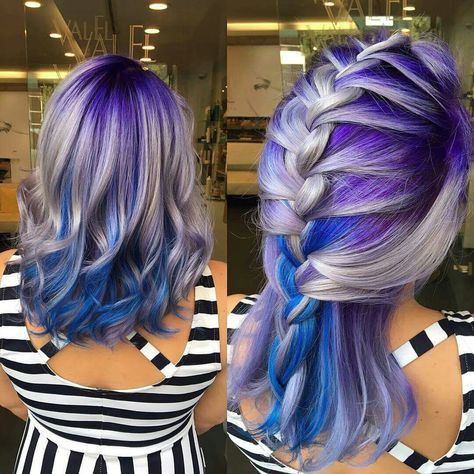 Dope hair Blue And Purple Highlights, Purple Highlights Blonde Hair, Blue Mermaid Hair, Color 2025, Highlights Blonde Hair, Exotic Hair, Blue Purple Hair, Blue Grey Hair, Hairdressing Training