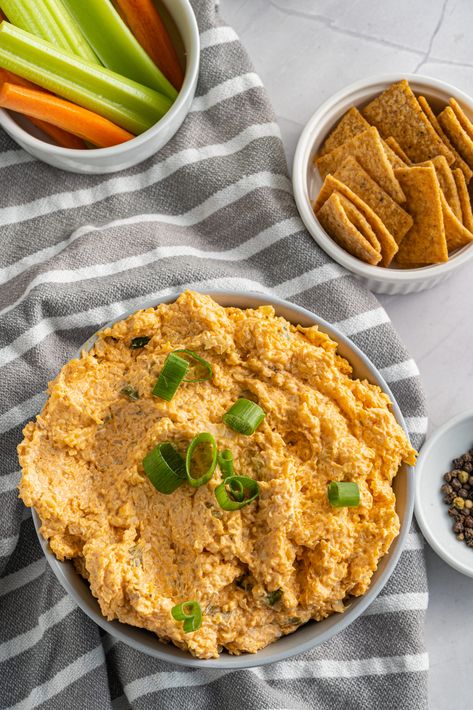 Buffalo cauliflower dip in a bowl overhead on a grey and white striped towel. Buffalo Cauliflower Dip, Vegetarian Low Carb, Vegetarian Appetizers Easy, Cauliflower Dip, Lauren Kelly, Low Carb Crackers, Wheat Free Recipes, Buffalo Cauliflower, Healthy Dips