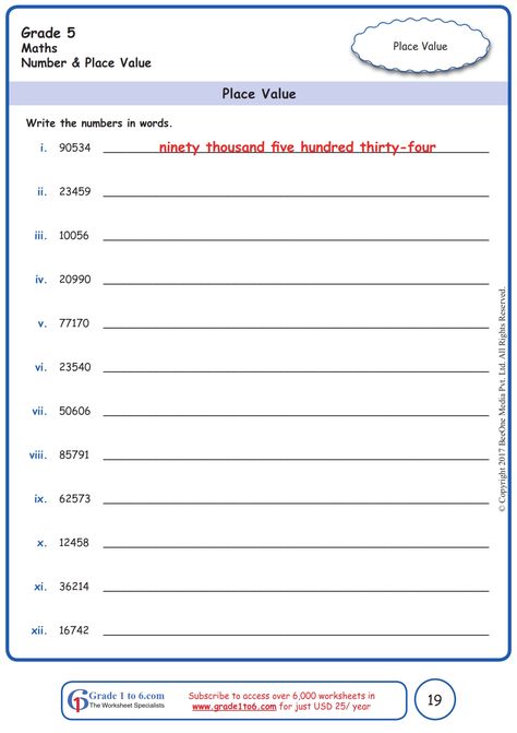 Subscribe to https://www.grade1to6.com/register-new.php#home for just $1.25 / Rs 100 a Year to access 6000 plus English & Math Worksheets for Grade 1 to Grade 6 Curriculum: CBSE / ICSE / NCERT/ SCERT / IB (PYP / MYP1) #mathworksheets #englishworksheets #backtoschool #cbse #pyp Worksheets For Grade 5, Grade 5 Math Worksheets, Number Words Worksheets, 5th Grade Worksheets, Maths Paper, Place Value Worksheets, Math Quotes, First Grade Math Worksheets, Grade 6 Math