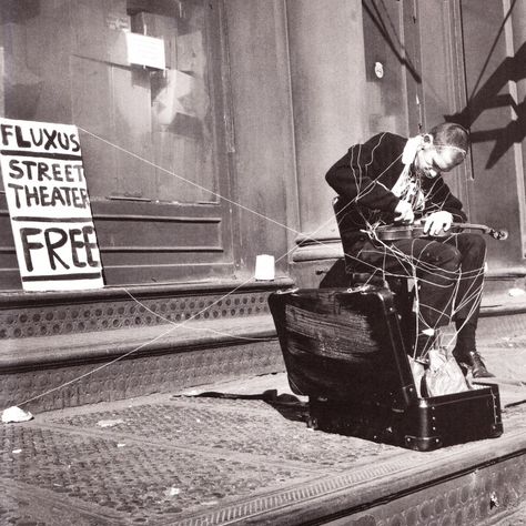 Takeshia Kosugi, Anima I & Ben Vautier, Attaché de Ben & George Maciunas, Solo for Violin.  Simultaneous performance, May 23rd 1964, by Ben Vautier and Alison Knowles (not pictured) during “Fluxus Street Theatre” as part of “Fluxus Festival at Fauxhall” New York City. Photography by George Maciunas. 51 x 40.5 cm Fluxus Art, Fluxus Movement, Nam June Paik, Elegant Artwork, John Cage, Avant Garde Art, Mail Art, Art Movement, Performance Art