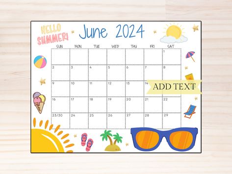 Printing your Editable June 2024 CALENDAR has never been easier! This Printable Calendar can be used as a family calendar, wall calendar 2023, classroom calendar, monthly calendar, June 2024 Calendar Planner, editable calendar, beautiful Summer Calendar with Sunglasses, or a school calendar!  You can print your June 2024 Calendar in home on regular printing paper or choose a local print shop of your liking. My favorite thing to do with this printable calendar is have it laminated and hung as a f Spring Calendar, 2024 Classroom, Fillable Calendar, Fridge Calendar, 2024 Calendar Printable, Summer Calendar, Summer Planner, August Calendar, September Calendar