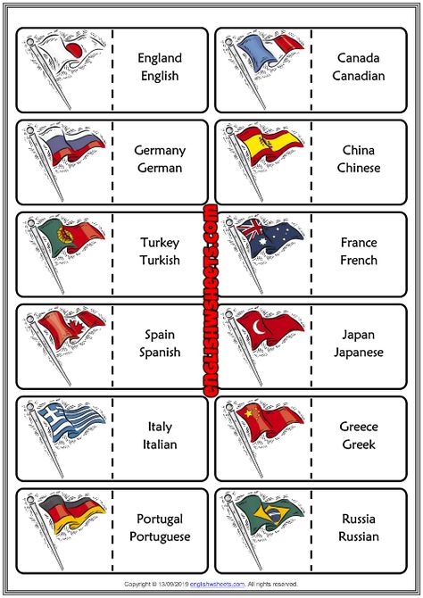 Countries And Nationalities ESL Printable Dominoes Game Countries And Nationalities Worksheet, English Language Learning Activities, Aesthetic English, Dominoes Game, Reading Comprehension For Kids, National Games, English Language Course, Esl Teaching Resources, Nouns And Adjectives