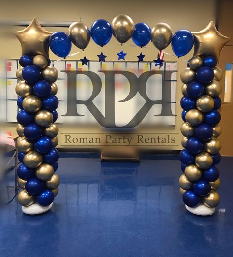 Navy And Gold Backdrop, Graduation Arch Ideas, Graduation Balloon Arch, Housewarming Party Decorations, Retirement Party Gifts, Simple Birthday Decorations, Graduation Backdrop, Happy Birthday Greetings Friends, Graduation Balloons