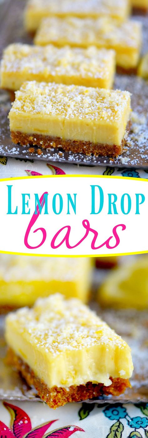 These Lemon Drop Bars are extra creamy and topped with candied lemon zest for the BIGGEST lemon flavor possible! So easy to make, deliciously sweet and tart, you'll find this treat hard to resist! // Mom On Timeout Lemon Custard Desserts, Candied Lemon Zest, Graham Cracker Dessert, Cracker Dessert, Lemon Treats, Lemon Bars Easy, Biscuits Graham, Lemon Bars Recipe, Cookies Bars