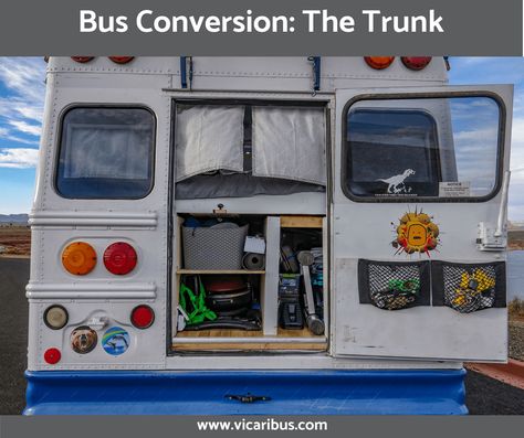 Bus Conversion Guide: The Trunk  bus conversion, skoolie, back door, trunk, storage ideas, tiny house, garage Skoolie Door Ideas, Skoolie Storage, Skoolie Design, Skoolie Living, Skoolie Ideas, Skoolie Conversion, Camping Tricks, School Bus Tiny House, Bus Ideas