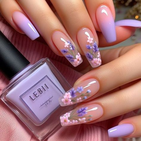 Spring Nails 2024 Trends Flowers, Almond Acrylic Nails Flower Designs, Spring Nails Design 2024, Purple Floral Nail Designs, Coffin Nails Designs Summer 2024, Nails Acrylic Flower Designs, Cute Nail Art Designs Summer, Bridgeton Nails, Cute Nail Ideas For Summer 2024