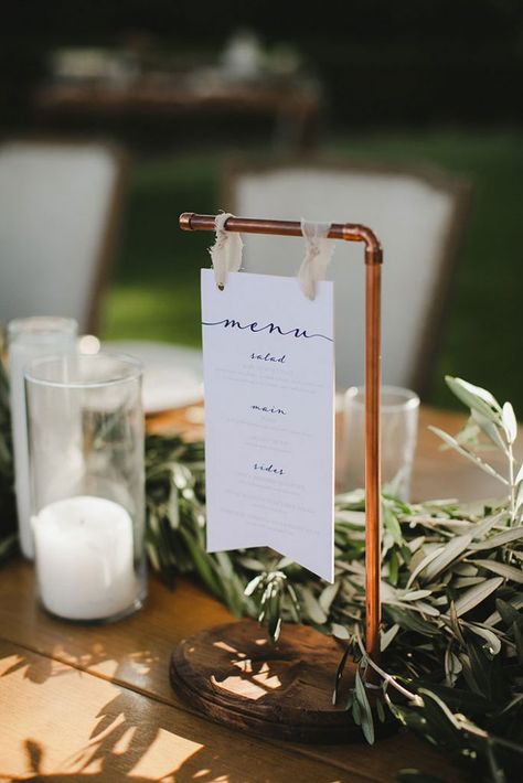 Winter Reception, Deep Red Wedding, Wedding Table Menus, Industrial Chic Wedding, Menu Sign, Copper Wedding, Diy Event, Gray Weddings, Reception Ideas