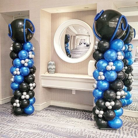 Spiral Balloon Column, Prom Balloons, 40th Birthday Balloons, Balloon Pillars, Black And White Balloons, Baby Gender Reveal Party Decorations, Silver Balloons, Blue Party Decorations, Balloon Tower