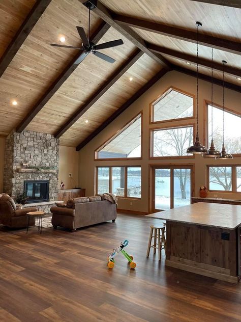 Lighting In A Vaulted Ceiling, Cedar Ceilings Living Room, Peaked Ceiling Lighting, Wood Stain Ceiling Living Rooms, Rustic Wooden Ceiling, Cabin Ceiling Ideas Wood Planks, Raw Wood Ceiling, Cathedral Ceiling Shiplap, Wood Interior Ceiling