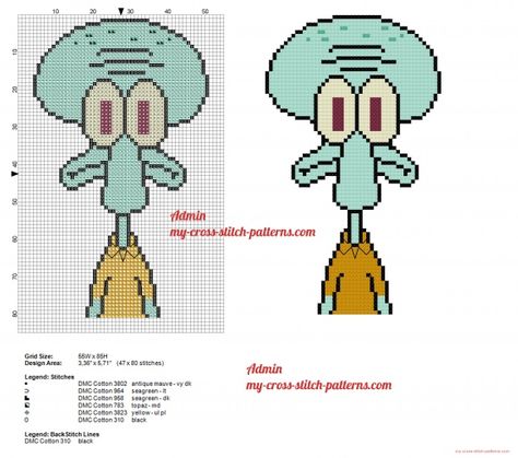 Squidward Tentacles SpongeBob free cross stitch pattern (click to view) Spongebob Cross Stitch, Gato Bob, Free Cross Stitch Pattern, Squidward Tentacles, Free Cross Stitch Patterns, Patterns Simple, Stitch Cartoon, Disney Cross Stitch, Felt Pattern