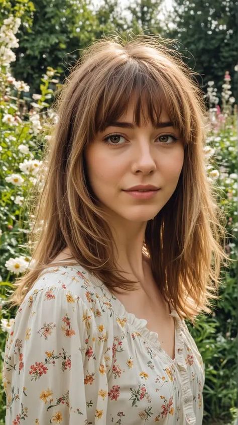 Golden Brown Hair With Bangs, Medium Hair With French Bangs, Medium Brown Hair Bangs, Bangs Above The Eyebrow, Brown Medium Length Hair With Bangs, Honey Brown Hair With Bangs, Light Brown Hair With Fringe, Subtle Bangs Medium Hair, Piecy Bangs Medium Hair