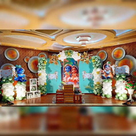 Krishna Theme Babyshower Decoration 🦚 Decor by @v.n_events / 9328721781 #vnevents #krishanathemebabayshowerdecor #krishnatheme #babyshower #srimantsanskar #eventplanner Indian Baby Shower Decorations, Naming Ceremony Decoration, Indian Baby Showers, Spiderman Birthday Cake, Reception Stage Decor, Simple Stage Decorations, Baby Shower Balloon Decorations, Birthday Decorations At Home, Cradle Ceremony