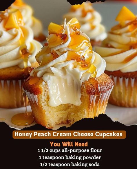 Super old recipes 👩‍🍳🍔🍰 | These Honey Peach Cream Cheese Cupcakes sound absolutely delightful | Facebook Peaches Cream Cheese, Cream Cheese Cupcakes, Peach Cream, Fun Baking Recipes, Sweet Desserts, Decadent Desserts, Sweets Treats, Dessert Ideas, Interesting Food Recipes