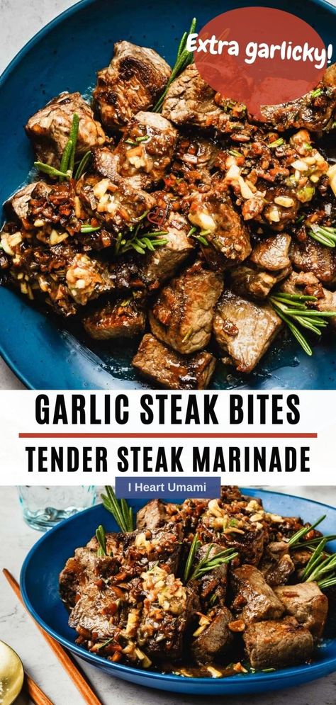 Venison Steak Bites, Garlic Steak Marinade, Steak Bites And Mushrooms, Quick Steak Marinade, Quick Steak, Gluten Free Asian Recipes, Garlic Butter Steak Bites, Butter Steak Bites, Steak Bites Recipe