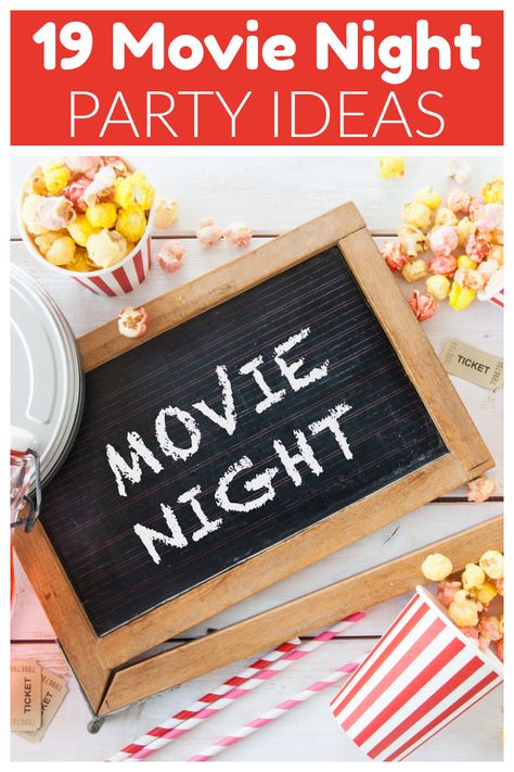 A group of movie night party ideas. From decorations to food and more, these movie party ideas are sure to inspire. Bridal Movie Night, Movie Party Games, Movie Theme Birthday Party Games, Church Movie Night, Movie Night Decorations Indoor, Movie Party Ideas For Kids, Diy Movie Night Decorations, Movie Night Adult Party, Movie Party Ideas