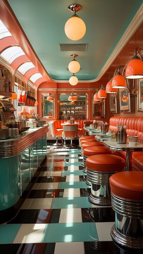 California Diner Aesthetic, Diner Coffee Aesthetic, American Diner Interior, 50s Diner Aesthetic, American Diner Aesthetic, Vintage Diner Aesthetic, Retro Diner Aesthetic, Diner Illustration, 60s Diner