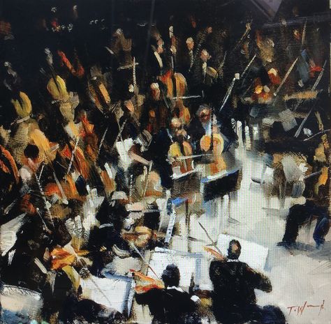 "The Orchestra" oil on canvas by Trevor Waugh Orchestra Artwork, Symphony Orchestra Aesthetic, Orchestra Drawing, Orchestra Wallpaper, Orchestra Painting, Orchestra Illustration, Classical Music Aesthetic, Orchestra Aesthetic, Music Museum