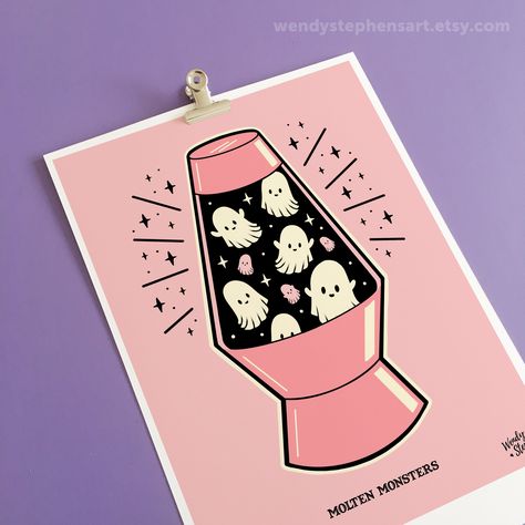 This is a signed, giclee fine art print of my original digital painting: 'Molten Monsters'. Its available in 4 different colours. This is ideal for anyone looking for cute ghost art, ghost prints, spooky ghost lamp, creepy cute, gothic home decor, halloween decor, horror decor, pastel gothic art, halloween print, aesthetic room decor, pastel witch print, spooky decor, and trick or treat prints. Its also available as stickers: https://wendystephensart.etsy.com/listing/1635263145 * Printed on high Pastel Gothic Home Decor, Aesthetic Room Decor Pastel, Cute Ghost Art, Witchcraft Decor, Lamp Pink, Spooky Art, Horror Decor, Planner Art, Pink Art Print