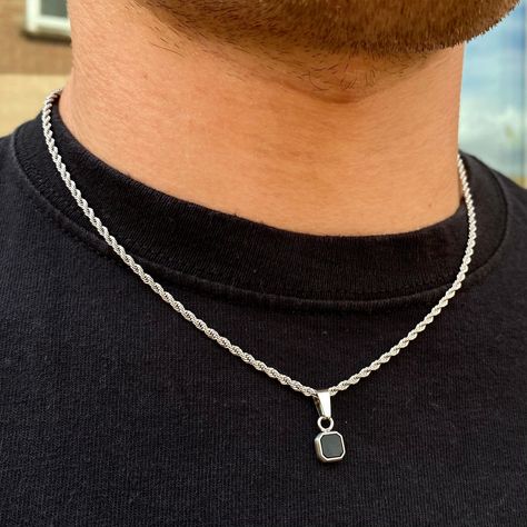 [Promotion] 'Mini Silver Onyx Stone Pendant Necklace Men - Can Be Purchased With Or Without The Chain. Created Using Real Cuts Of An Onyx Stone. Every Stone Is Unique Making This The Perfect Gift/ Present. Also Available In 18K Gold. Other Gemstones: Lapis Lazuli (Natural) And Opal (Lab Created). Pendant Size: 7.5Mm X 7.5Mm Hypoallergenic And Safe To Wear In Water - This Necklace Will Not Irritate Your Skin Or Fade Pendant Can Be Removed From The Chain (Or #mensjewelrynecklace Mens Birthstone Necklace, Men’s Pendant Necklace, Men Necklace Aesthetic, Pendent For Men, Male Necklaces, Jedidiah Goodacre, Male Necklace, Pendant Necklace Men, Man Necklace