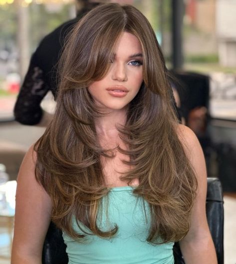 Thick Hair Butterfly Cut with Curtain Bangs Layered Thick Hair, Layered Haircuts With Bangs, Layered Curly Hair, Hairstyles For Layered Hair, Haircuts Straight Hair, Long Layered Hair, Haircuts For Long Hair, Long Hair Cuts, Layered Haircuts