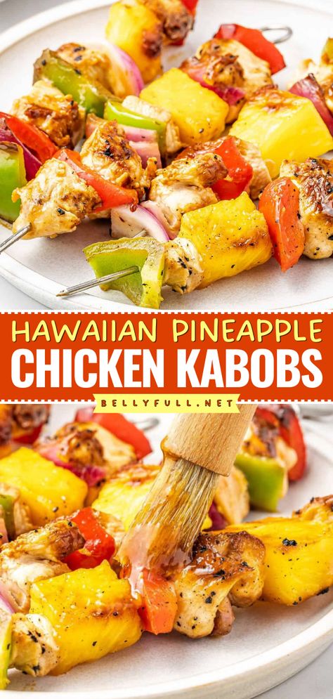 Get ready for these Hawaiian chicken kabobs! They're a good summer grilling recipe. Complete with pineapple and veggies in a savory marinade, these grilled chicken skewers are a perfect Labor Day party food idea! Kabobs With Pineapple, Hawaiian Pineapple Chicken, Pineapple Chicken Kabobs, Hawaiian Chicken Kabobs, Easy Spring Recipes, Grilled Chicken Kabobs, Healthy And Unhealthy Food, Chicken Crockpot Recipes Easy, Shish Kabobs