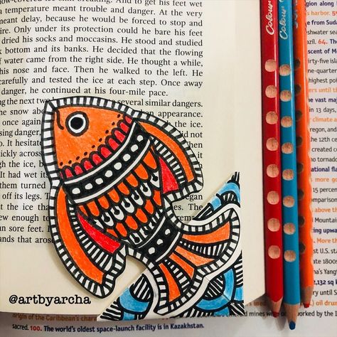 Madhubani themed bookcorner or bookmark Madhubani Bookmarks, Painted Crafts, Handmade Bookmarks Diy, Madhubani Paintings, Book Marker, Boho Art Drawings, Creative Bookmarks, Mandala Art Therapy, Bookmark Craft