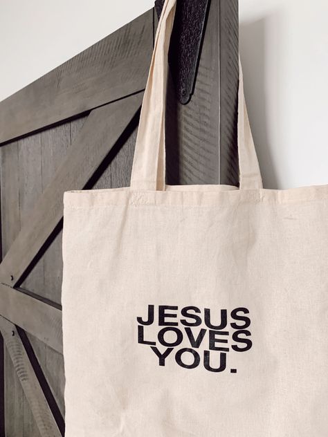 canvas bag Christian Bag Ideas, Bible Aesthetics, Jesus Clothes, Hey Bro, Brand Ideas, Bag Art, Jesus Loves Me, Jesus Loves You, Christian Clothing