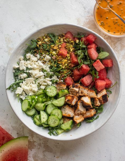 Chicken Arugula, Watermelon Chicken, Grilled Watermelon Salad, Chili Lime Vinaigrette, Best Summer Salads, Grilled Watermelon, Watermelon Feta Salad, Watermelon And Feta, Blackened Chicken