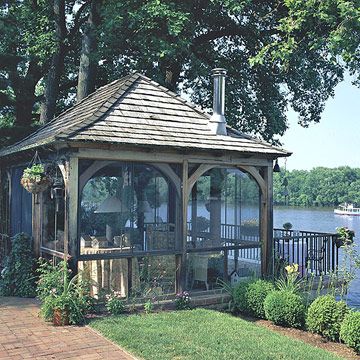 Insect-Resistant Retreat - This is so cute. My in -laws have a home with river front property and THIS would be a perfect home away from home for them :) Enclosed Garden Structures, Screened Deck, Enclosed Gazebo, Enclosed Garden, Texas Garden, Screened Gazebo, Granny Pod, Outdoor Structure, Screen House