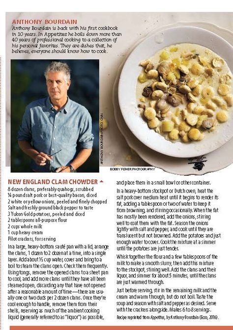 Anthony Bourdain's recipe for New England Clam Chowder Boston Clam Chowder Recipe, Anthony Bourdain Recipes, Bourdain Recipes, Instant Pot Clam Chowder New England, Thick New England Clam Chowder, Ew England Clam Chowder, Ivars Clam Chowder Recipe, Brattens Famous Clam Chowder, Clam Chowder Recipe