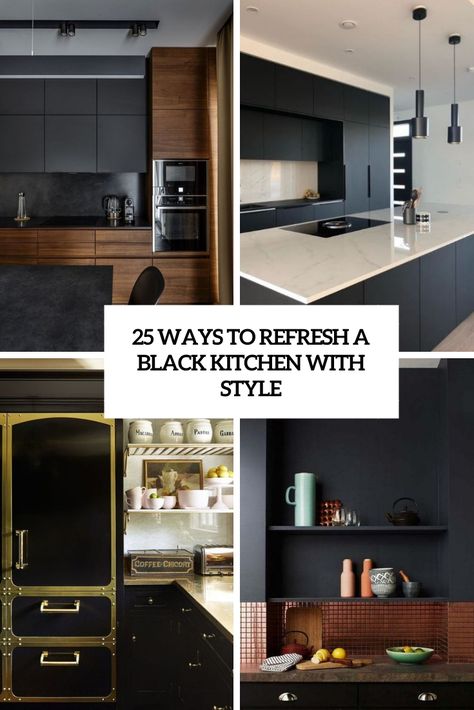 25 Ways To Refresh A Black Kitchen With Style Black Taupe Kitchen, Dark Wood And Black Kitchen, Black Kitchens With Wood, Black Brown Kitchen, Black And Brown Kitchen, Small Black Kitchen, White Marble Kitchen Island, Taupe Kitchen, Black Appliances Kitchen