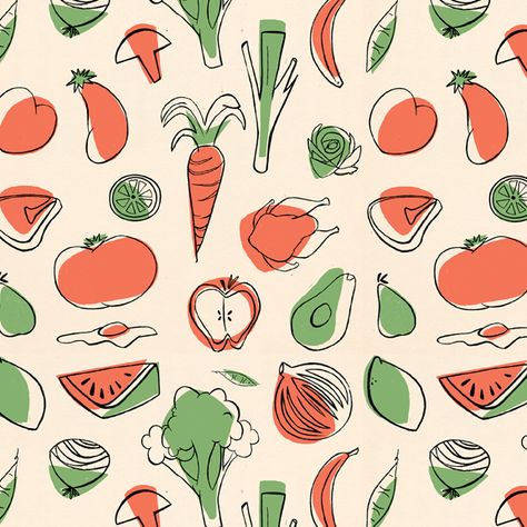 Vegetable Pattern by Lucy Ricketts, via Behance Vegetable Illustration, Vegetable Prints, Pattern Design Inspiration, Food Patterns, Fruit Pattern, Pattern Illustration, Pics Art, Food Illustrations, Textile Patterns