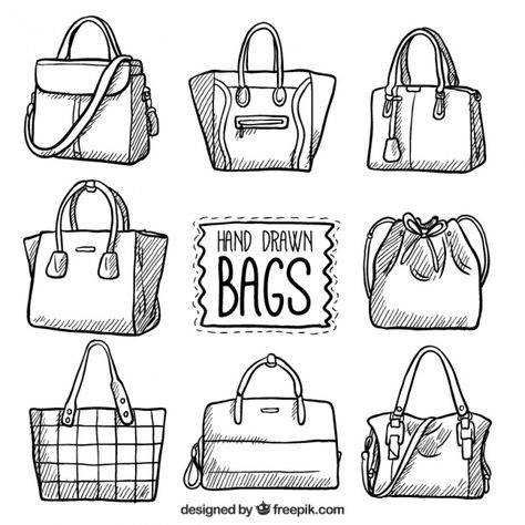 Set of hand-drawn bags Free Vector Hadiah Diy, Bag Illustration, Sacs Design, Fashion Illustrations Techniques, Fashion Drawing Sketches, Fashion Drawing Tutorial, Drawing Bag, Dress Design Drawing, Fashion Design Sketchbook