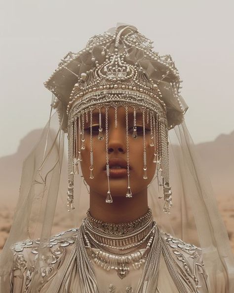 Daniel Weiss on Instagram: "Queen of the Desert. Here are a few more design ideas for the headgear of the exclusive sisterhood of the Bene Gesserit.   #midjourney #Whitebydesign #midjourneyart  #midjourneyai #ai #aigenerated #AI #Storyteller  #digitalCreator  #designmidjourney  #generativeai #generatedArt #white #dune  #fashion" Bene Gesserit Outfit, Bene Gesserit Costume, Dune Bene Gesserit, Dune Fashion, Movie Wardrobe, Queen Of The Desert, Desert Queen, Honeycomb Candy, Bene Gesserit