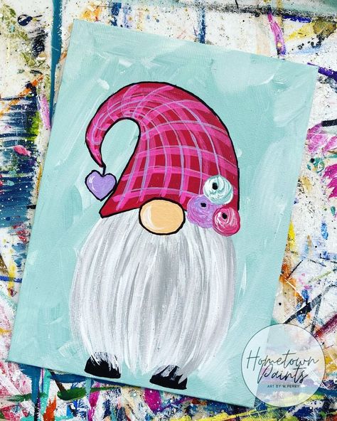 Acrylic Painting Knomes, Easy Gnome Painting, Gnome Paintings, Gnome Painting, Gnome Paint, Girl Gnome, Canvas Painting Diy, Acrylic Painting Tutorials, Adult Crafts