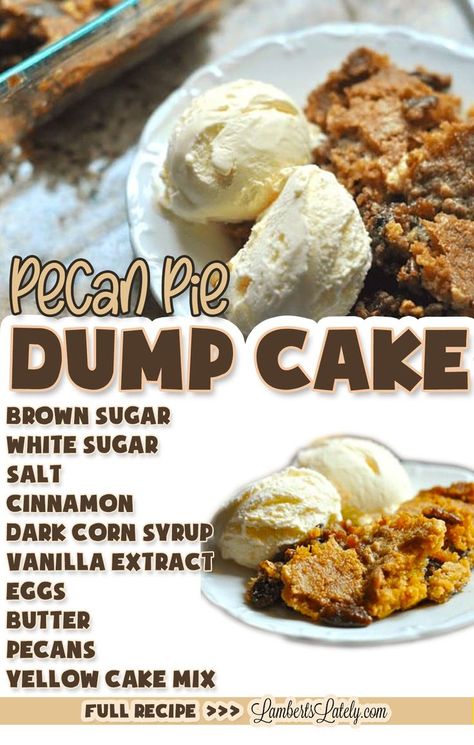 pecan pie dump cake graphic, with ingredient list. Pecan Pie Dump Cake, Recipe For Pecan Pie, Cake Crumble, Pecan Desserts Recipes, Pecan Pie Cobbler, Quick And Easy Sweet Treats, Pecan Pie Cake, Pecan Cobbler, Pecan Desserts