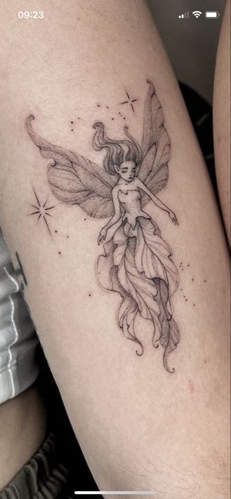 Fairy Sleeve Tattoo, Faerie Tattoo, Elf Tattoo, Brown Tattoo Ink, Whimsical Tattoo, Terrible Tattoos, Whimsical Tattoos, Elbow Tattoos, Cute Tiny Tattoos