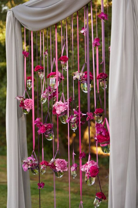 Arch With Flowers, Ribbon Backdrop, Wedding Arches Outdoors, Flower Curtain, Backdrop Wedding, Hanging Flower, Party Photography, Hanging Flowers, Wedding Ribbon