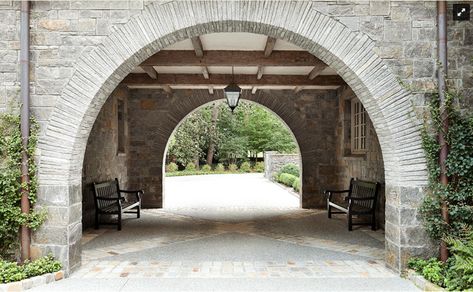 Drive-thru Drive Through Portico, Stables Exterior, Farm Outbuildings, Port Cochere, Motor Court, Driveway Design, Small Balcony Design, Porte Cochere, Exterior Inspiration