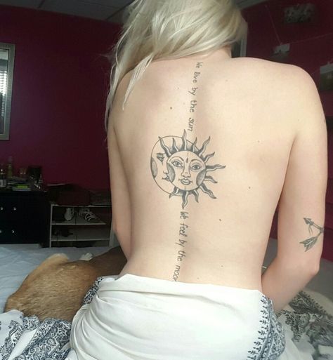 We live by the sun we feel by the moon #spinetattoo Moon And Sun Spine Tattoo, Sun Spine Tattoo, Sun And Moon Spine Tattoo, Moon Spine Tattoo, Japanese Tattoo Artist, Aries Tattoo, Spine Tattoos For Women, Sun Tattoos, Constellation Tattoos