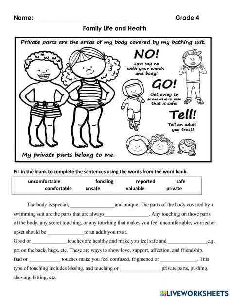 Good Touch Bad Touch Worksheet, Good Touch Bad Touch, Safety Worksheets, Child Rights, Bad Touch, Contraception Methods, Safe Kids, Face Pores, Life Skills Special Education