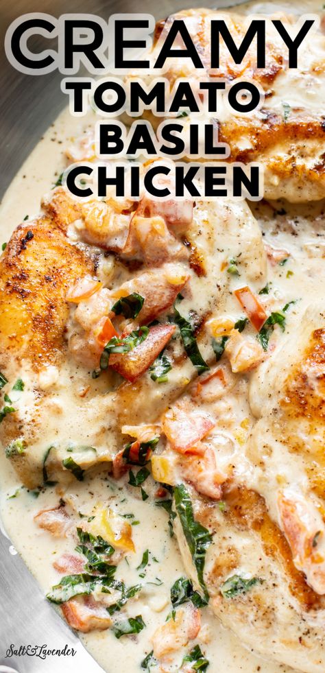 This creamy tomato basil chicken recipe has juicy chicken in a delicious fresh tomato and basil cream sauce with plenty of garlic. It can be yours in about 30 minutes! Tomato Basil Chicken Crockpot, Tomato And Basil Chicken, Creamy Tomato Basil Chicken, Tomato Basil Chicken Recipe, Pan Fried Chicken Breast, Easy Skillet Chicken, Elegant Dinners, Tomato Basil Chicken, Dorm Food