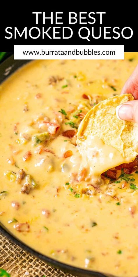 For a crowd-pleasing appetizer for your summer parties, everyone will love this easy smoked queso dip recipe! Featuring an ultra creamy, velvety cheese base with the perfect smoky flavor, this loaded dip is filled with spicy chorizo, Rotel tomatoes, onions and fresh jalapeños to make one irresistible party snack. Make sure you have plenty of crisp tortilla chips on hand because everyone will devour this smoky queso. Smoked Chorizo Queso Dip, Queso Dip With Chorizo, Dip With Chorizo, Chorizo Queso Dip, Best Queso Recipe, The Best Queso, Smoked Queso Dip, Best Queso, Chorizo Queso