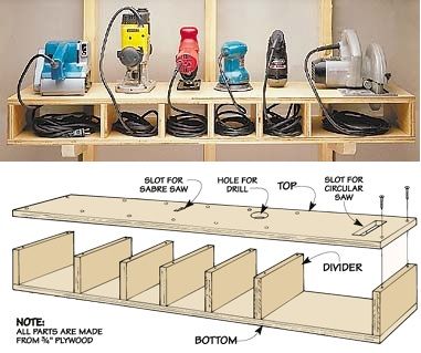 Shelf storage for tools Officine In Garage, Storage Workshop, Organized Garage, Garage Organization Tips, Garage Workshop Organization, Power Tool Storage, Garage Storage Solutions, Garage Organization Diy, Storage Garage