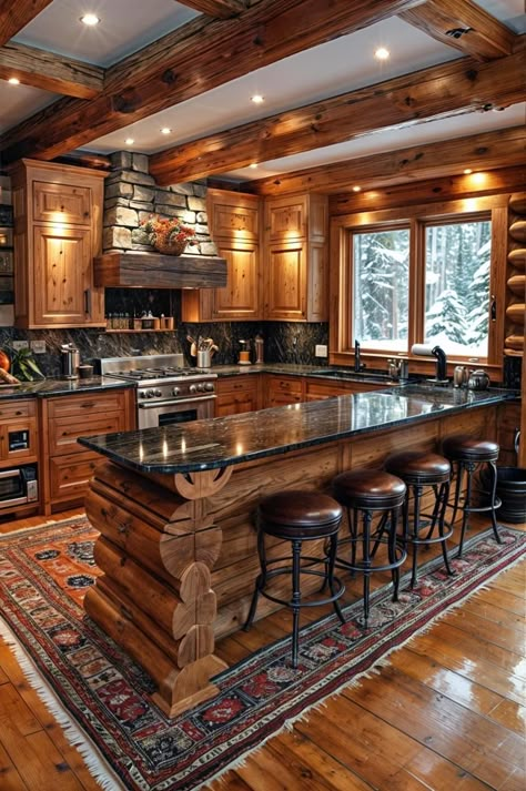 Log Kitchen Island, Cabin Homes Interior, Casa Hobbit, Barn Style House Plans, Dream Life House, Rustic Kitchen Design, Cabin Kitchens, Rustic Home Design, Log Cabin Homes