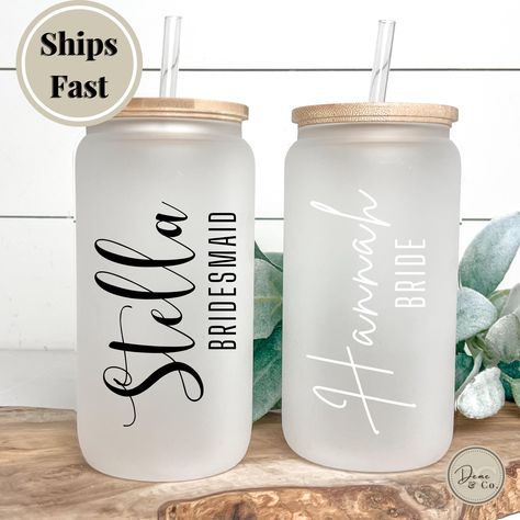 Personalized Bridesmaid Iced Coffee Cup from Bride, Custom Wedding Day Engagement Party Glass Tumbler w Lid, Frosted Beer Can Cup with Name by DemeAndCoShop on Etsy Cup With Name, Iced Coffee Cup, Bridesmaids Personalized, Glass Tumbler, Beer Can, Engagement Party, Iced Coffee, Custom Wedding, Coffee Cup