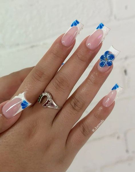 Nails That Match Blue Dress, Light Blue Nails With Flower Design, Blue Flowers Nails Design, Dusty Blue Wedding Nails Bridesmaid, Baby Blue Flower Nails, Blue Frenchies Nails, Light Blue Nails Square, Blue Acrylic Nails Square, Nails For Royal Blue Dress