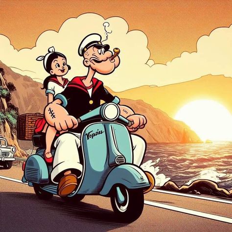 Popeye Cartoon, Popeye And Olive, Vintage Vespa, Vw Art, Cool Car Drawings, Print Design Art, Motorcycle Painting, Vespa Lambretta, Vespa Vintage