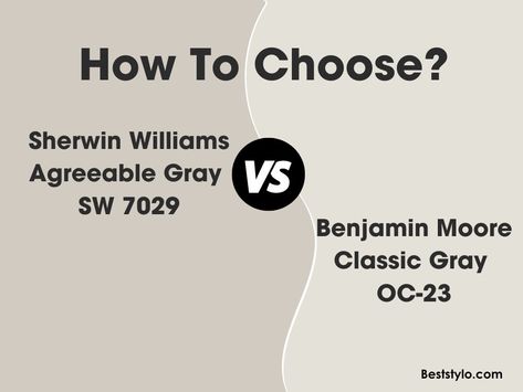 SW Agreeable Gray vs BM Classic Gray: What’s the Difference? Agreeable Gray Vs Classic Gray, Bm Classic Gray, White Dove Sherwin Williams, Sw Agreeable Gray, Sherwin Williams Agreeable Gray, Popular Grey Paint Colors, Pewter Benjamin Moore, Neutral Gray Paint, Hale Navy Benjamin Moore